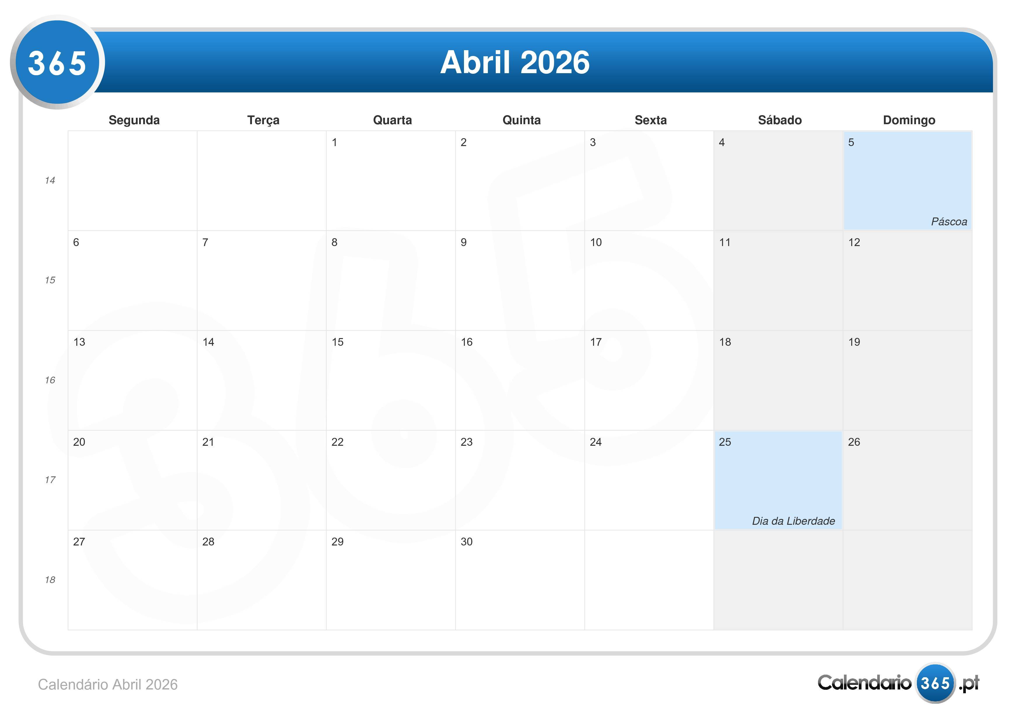 Calendário Abril 2026