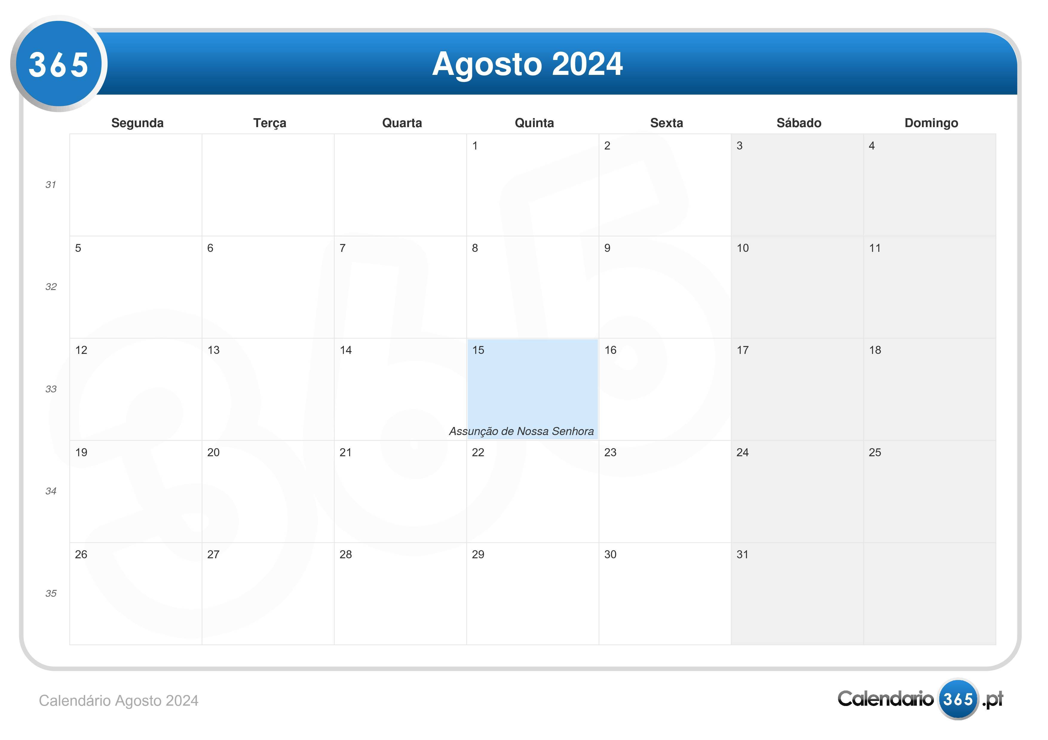 Calendário Agosto 2024