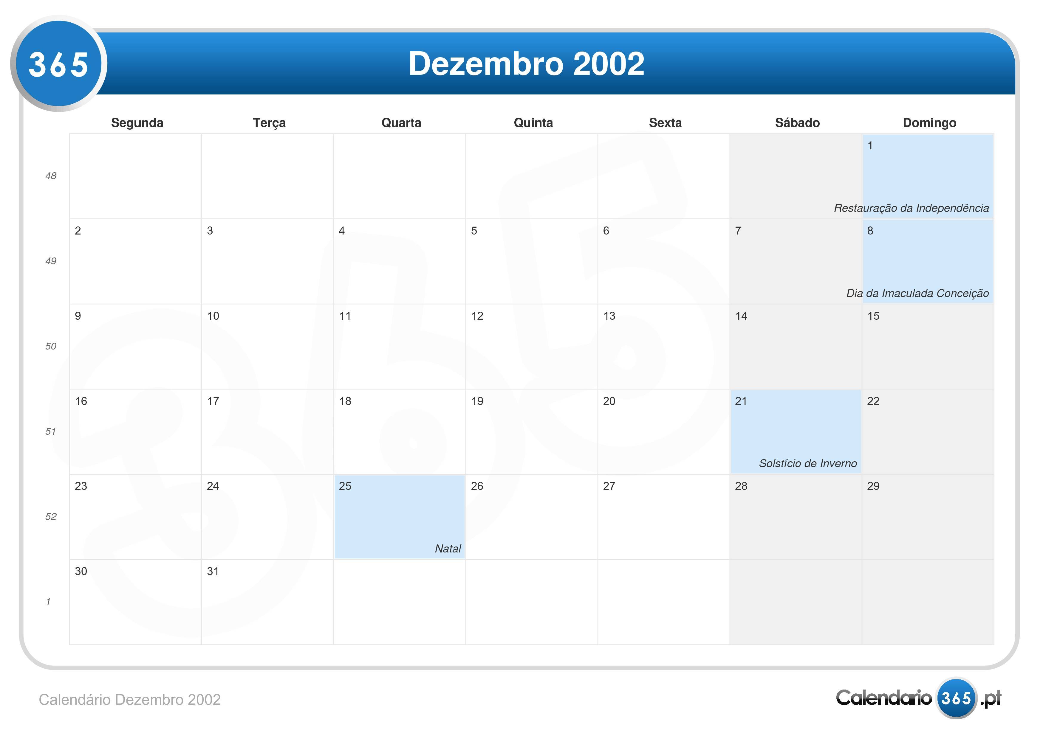 Calendário Dezembro 2002 Calendário Dezembro 2002