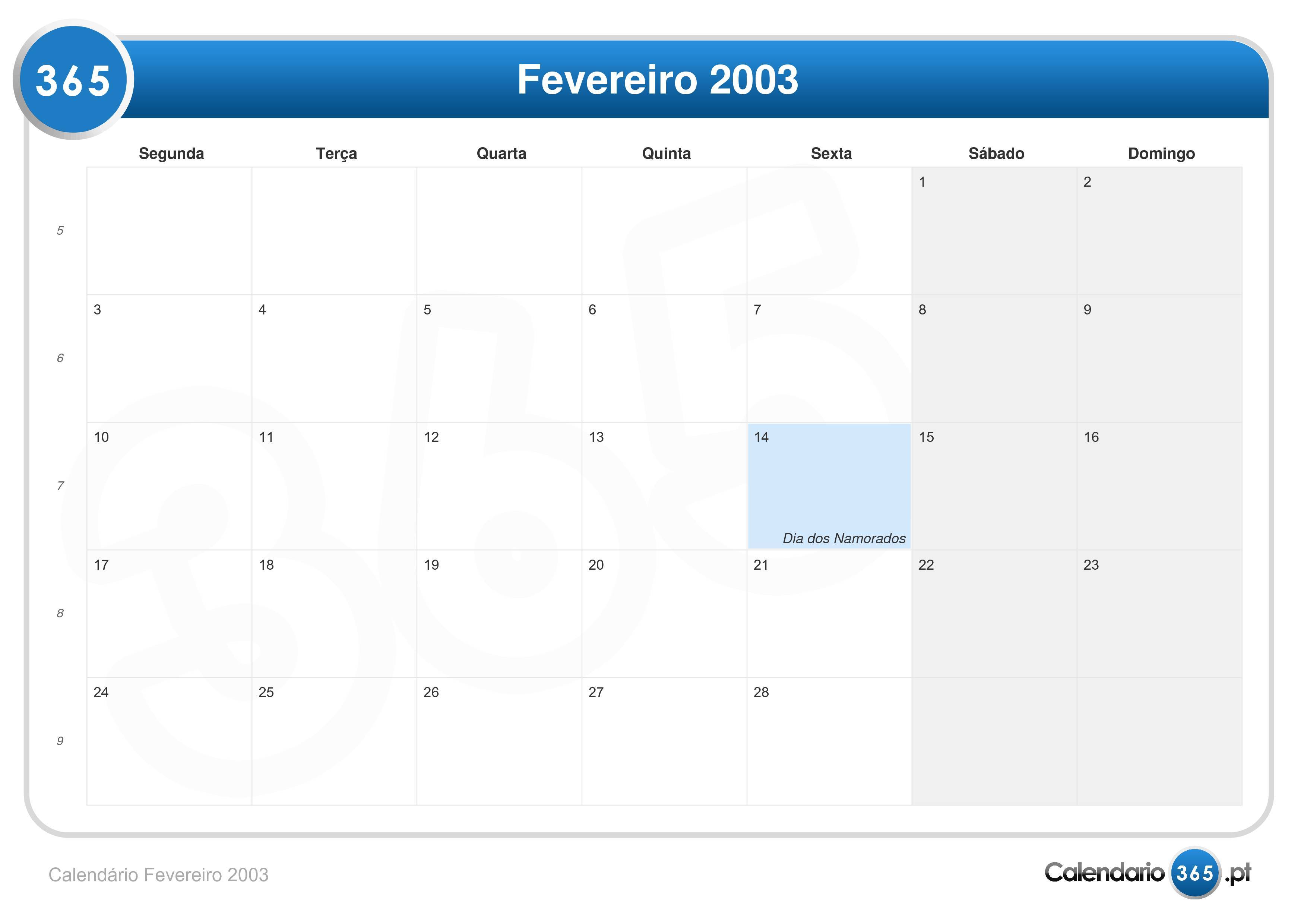 Calendário Fevereiro 2003