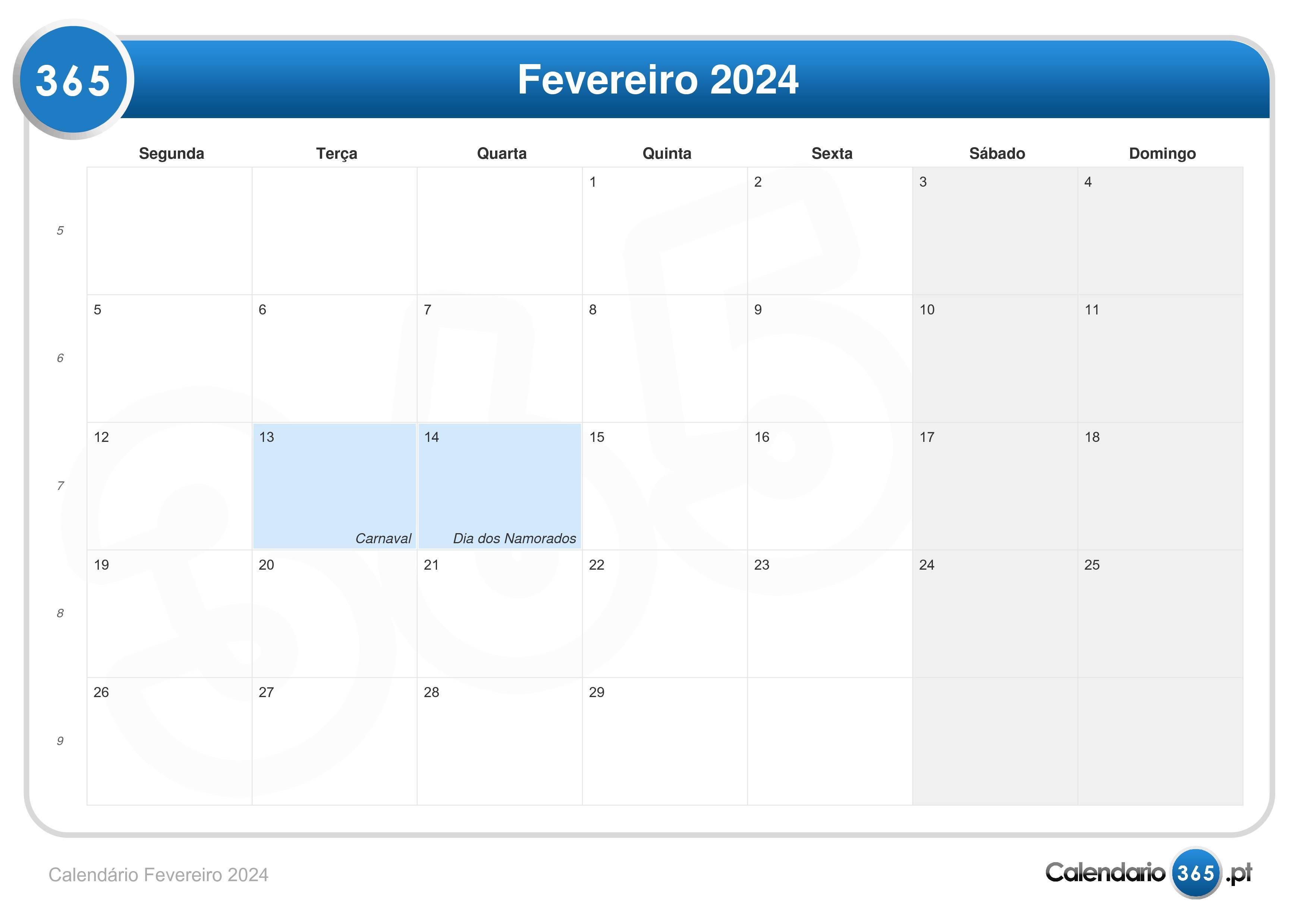Calendário fevereiro 2024